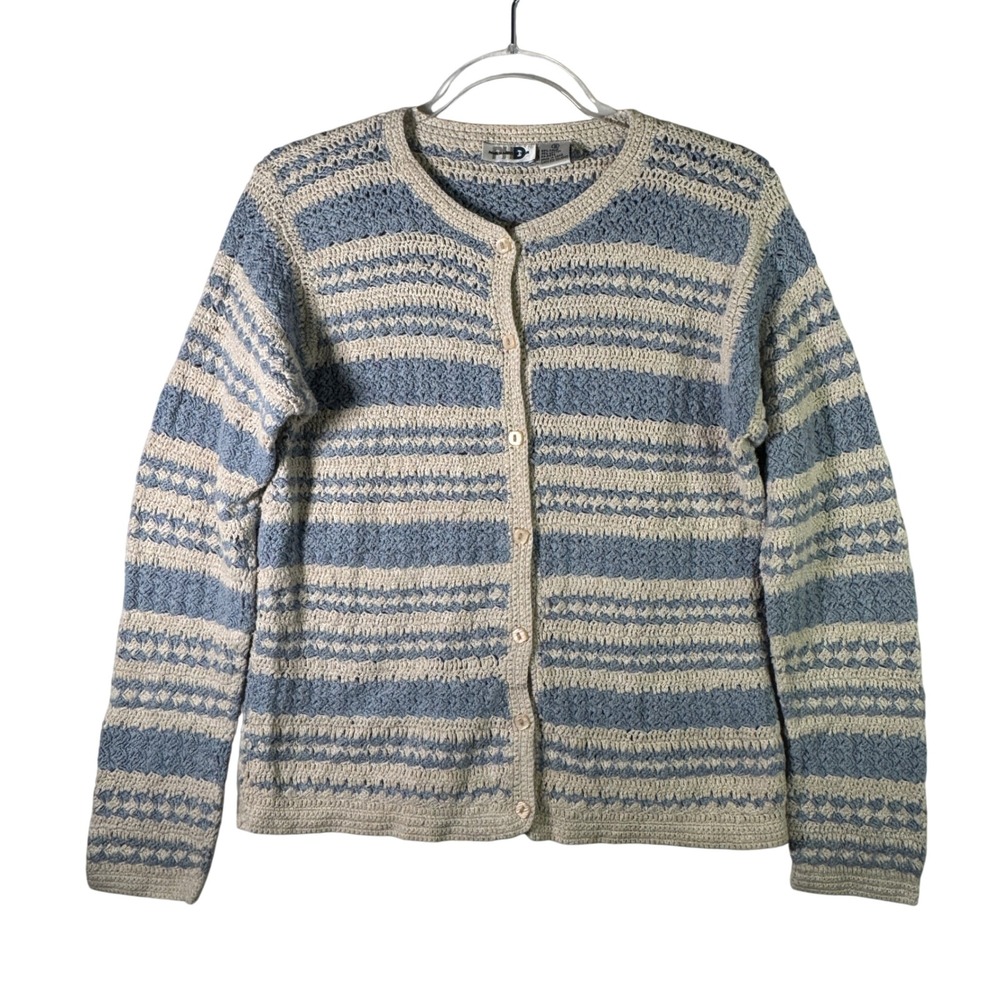 Paul Harris Design Ramie Cotton Crochet Cardigan Womens Small Blue Cottagecore